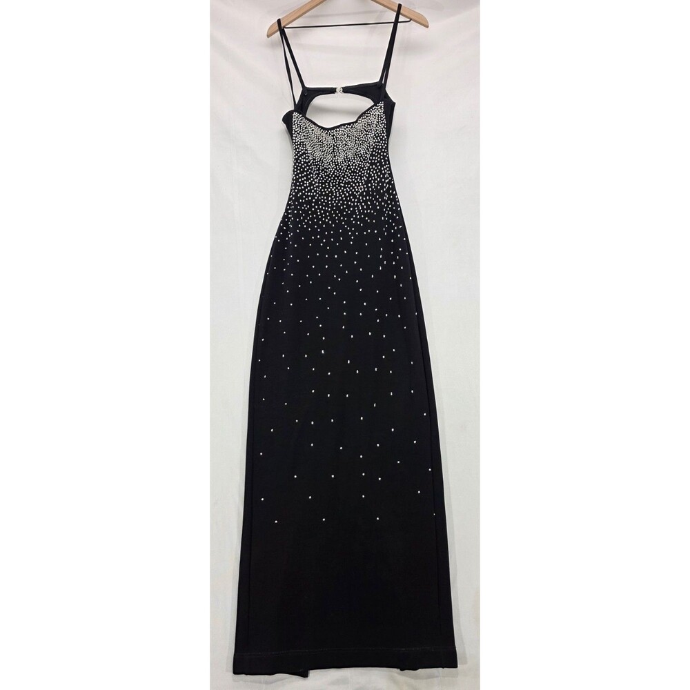 VTG Tadashi Rhinestone Dress Gown M Black Slinky Knit Backless Y2K Formal Prom